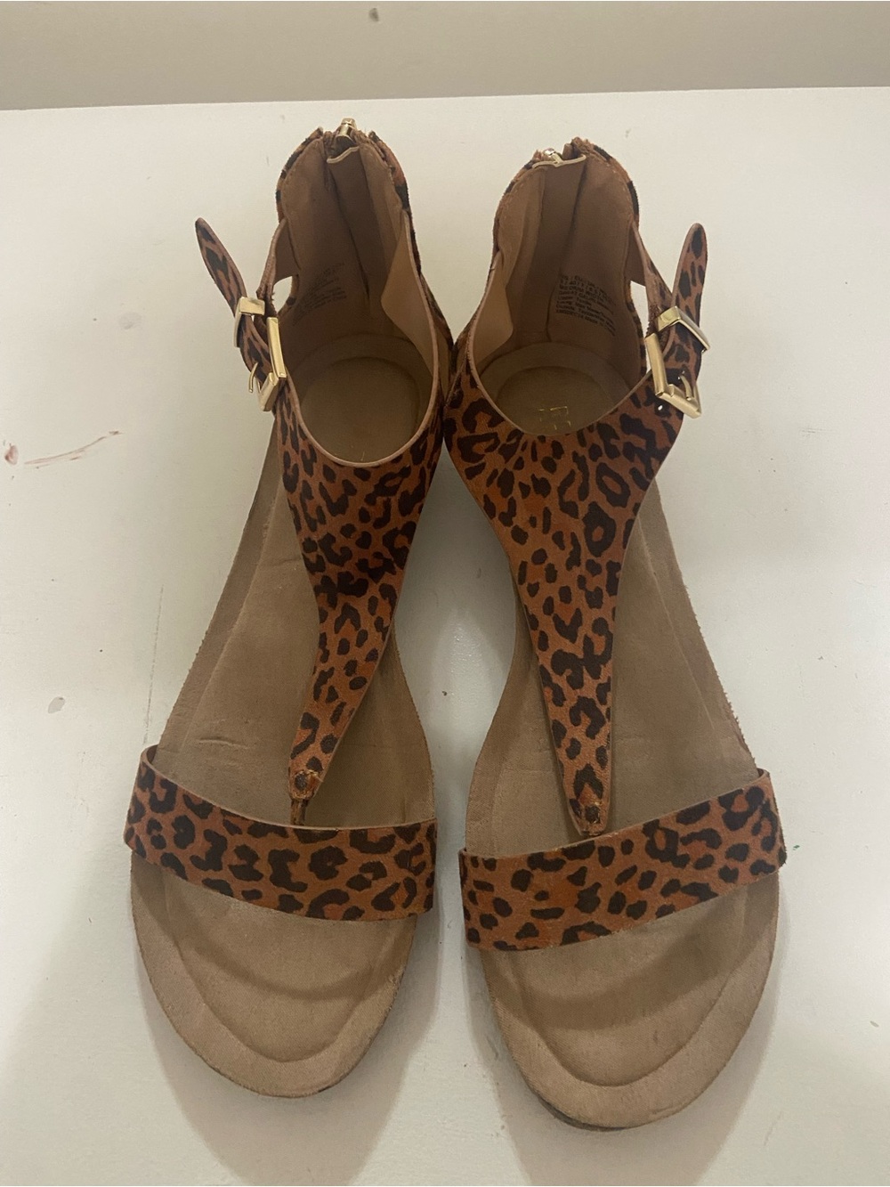 Kenneth Cole Leopard-Print T-Strap Sandals in Brown with Gold Buckles